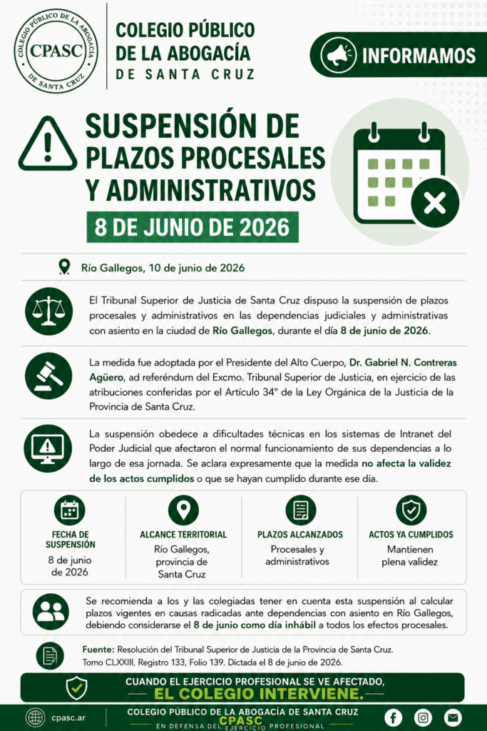 Suspensión de Plazos Procesales y Administrativos — 8 de junio de 2026 suspension